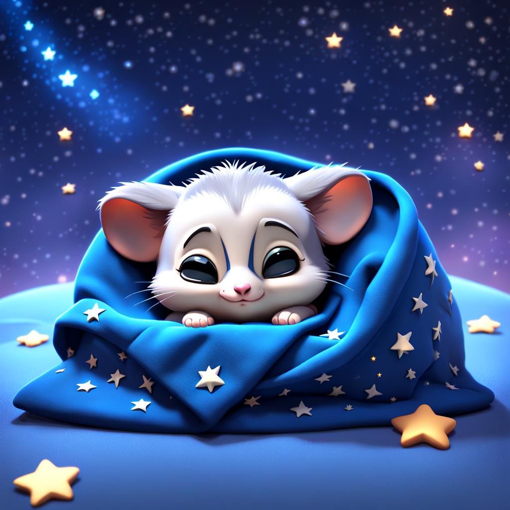 Chibi Possum Asleep Under Starry Night Sky