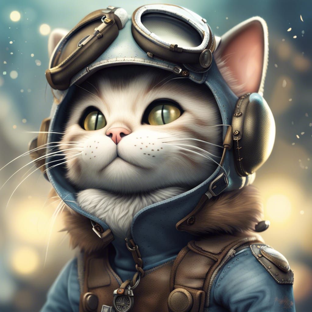 Kawaii Kitten Pilot Illustration in Monge Style