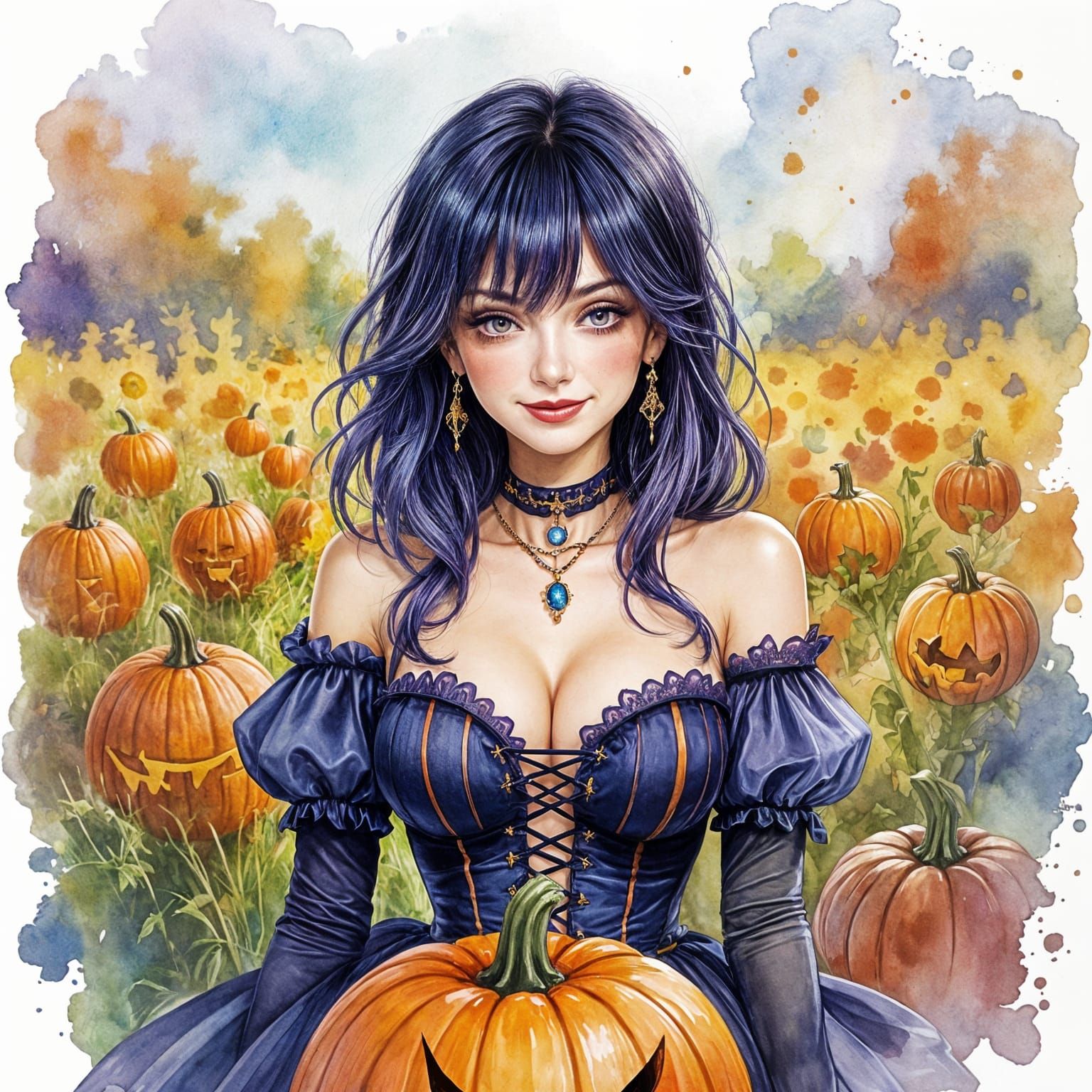 Gothic Dress Woman Smiling in Pumpkin Patch Watercolor Art