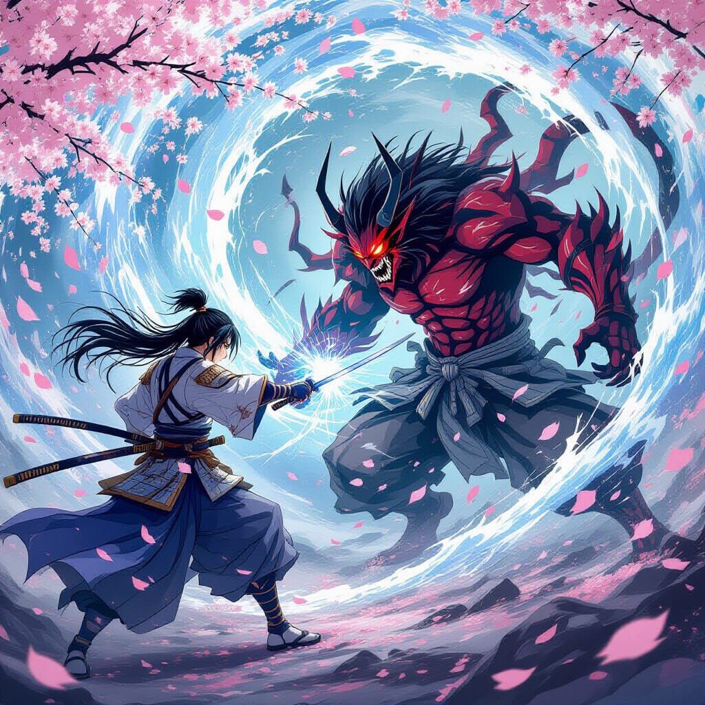 Spectral Samurai Battles Demon in Cherry Blossom Vortex