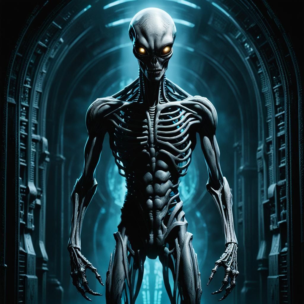 Biomechanical Alien in Dark Chamber, Comic Book Art