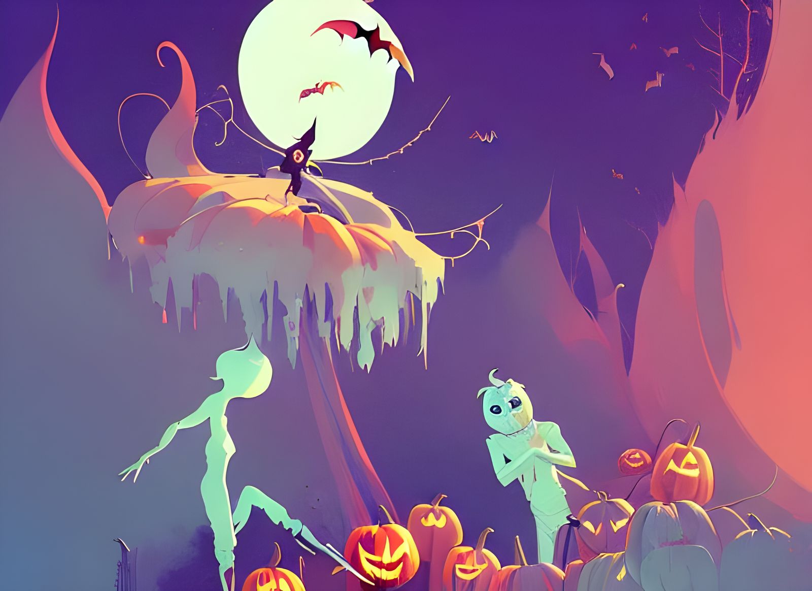 Halloween Spirits Dancing in Space: Digital Illustration
