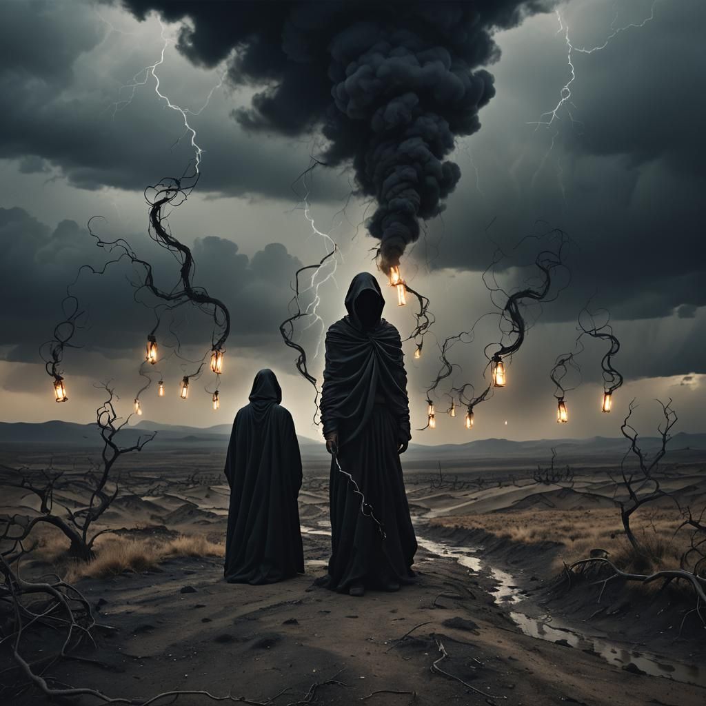 Surreal Shrouded Figure in Desolate Landscape