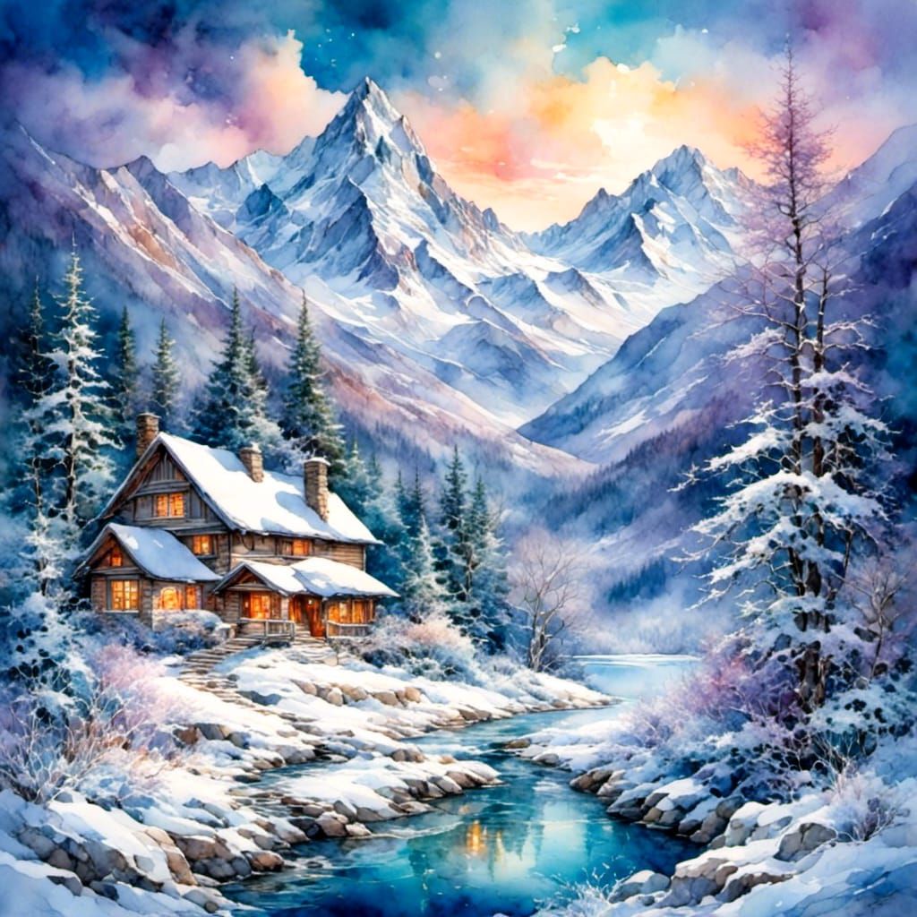 Shining Blue Winter Wonderland in Watercolor