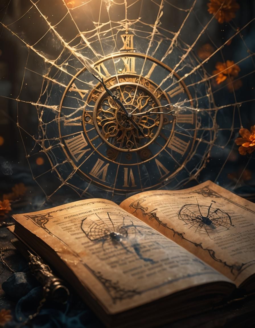 Clock Entwined in Web, Fantasy Concept Art