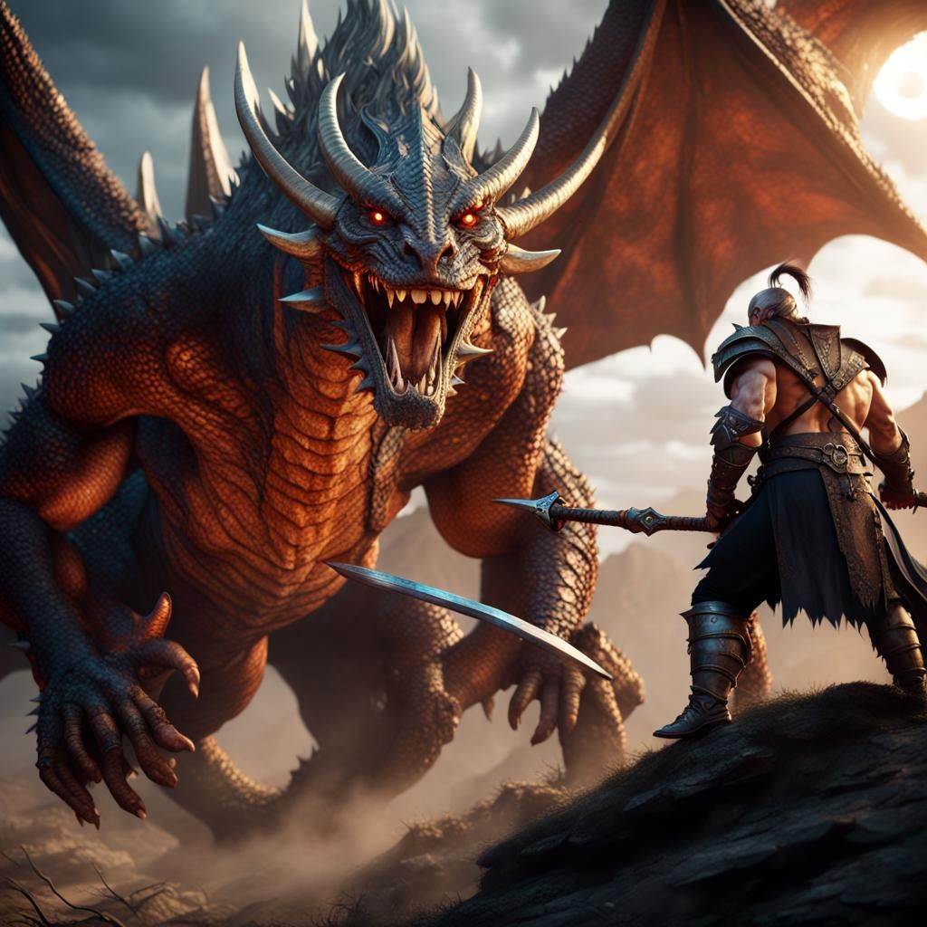 Barbarian Warrior Rides Dragon in Fantasy World