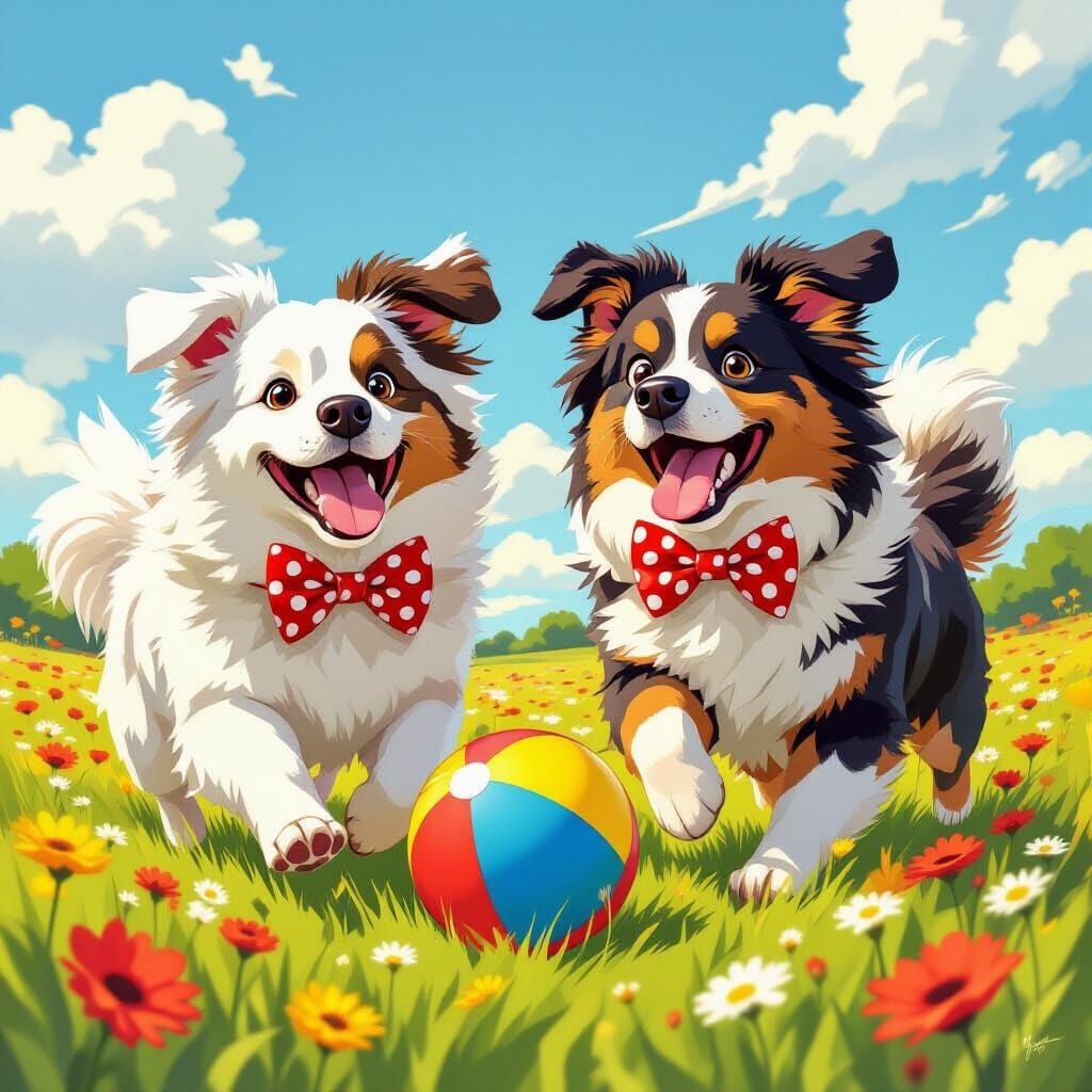 Playful Giant Dogs Chase Beach Ball in Cartoon Style