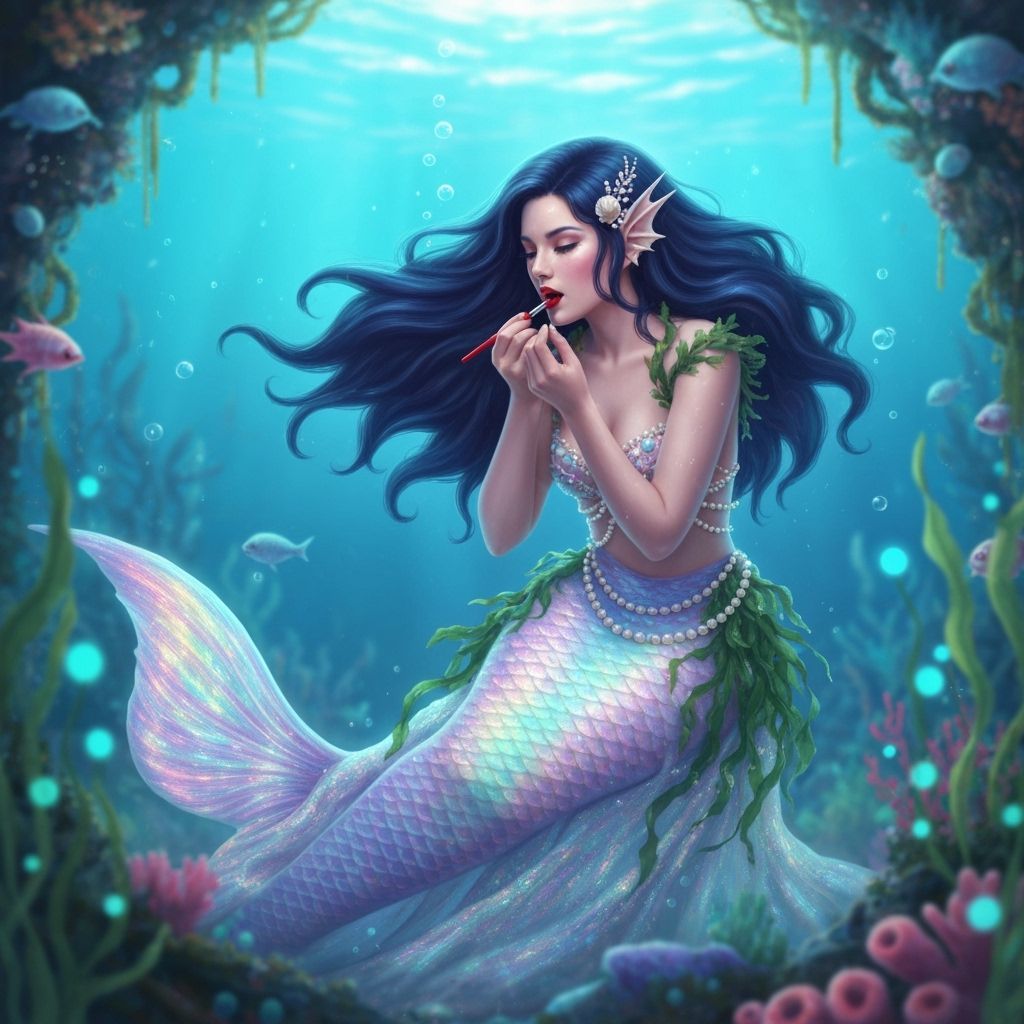 Mermaid Applying Lipstick in Ethereal Underwater Scene