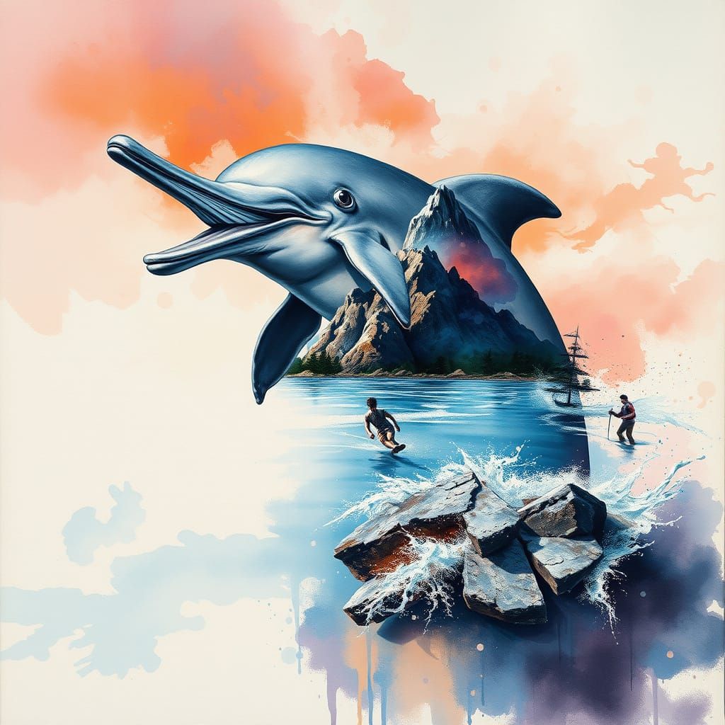 Seascape Dolphin in Mixed Media Style