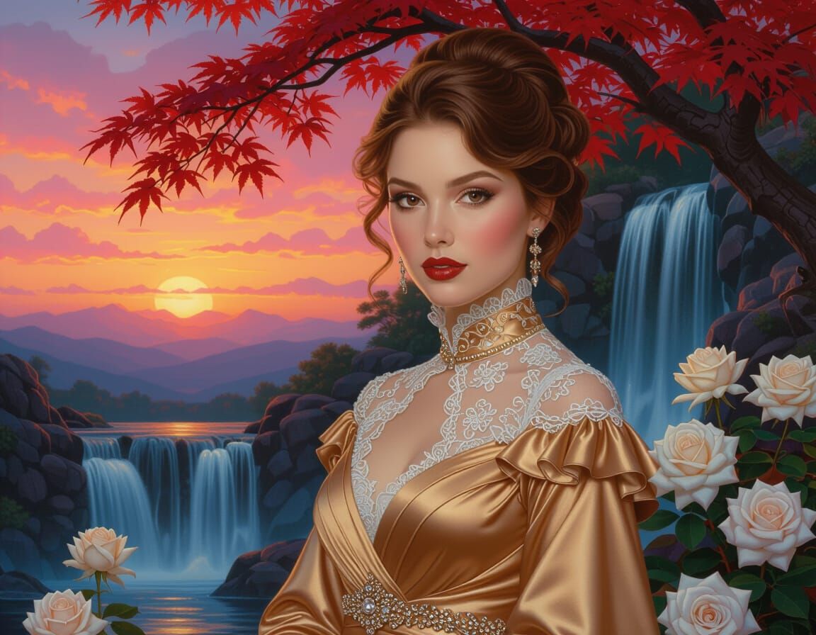 Elegant Woman in Gold Gown Amidst Roses and Waterfall
