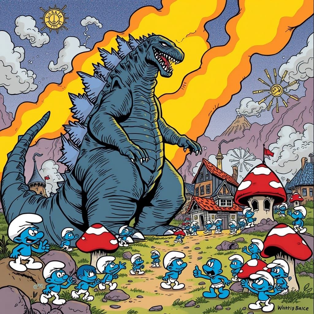 Godzilla Meets Smurf Village in Comic Book Style