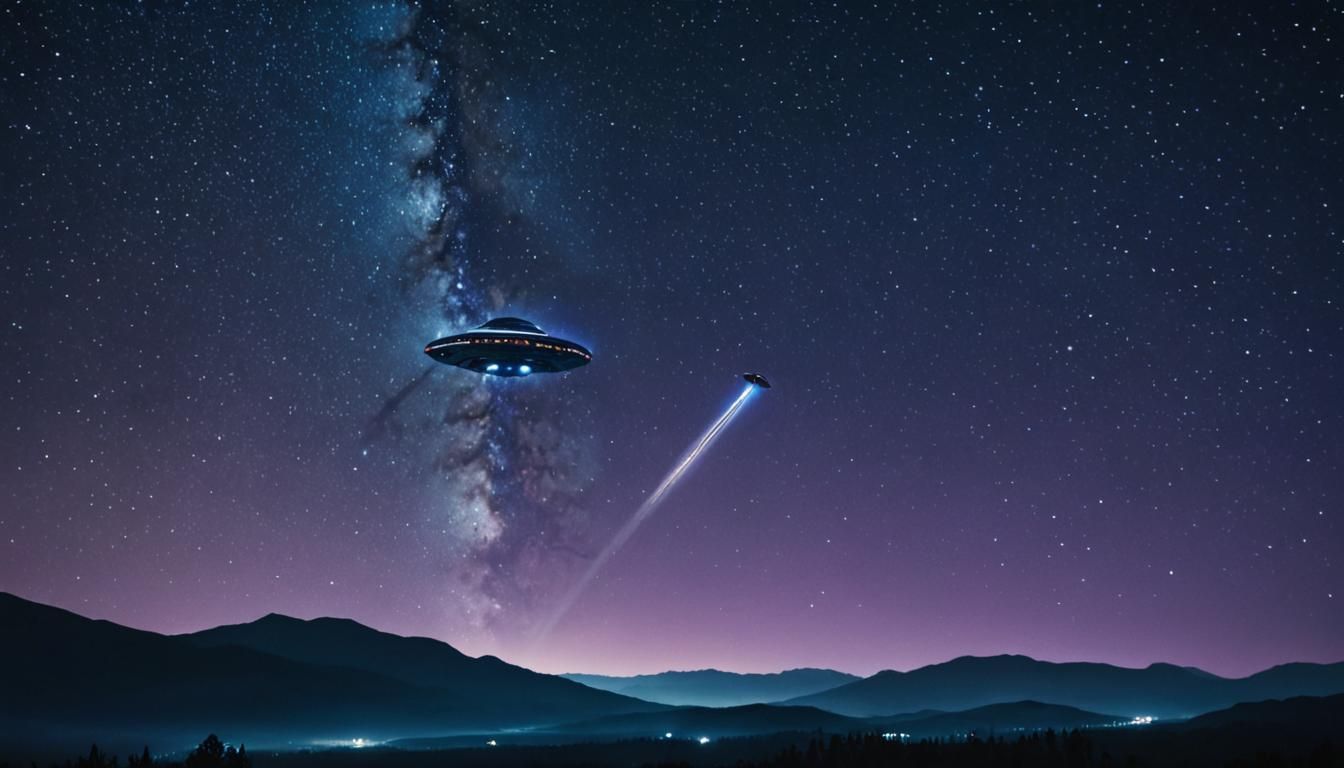 UFOs in Starry Night Sky: Cinematic Film Still