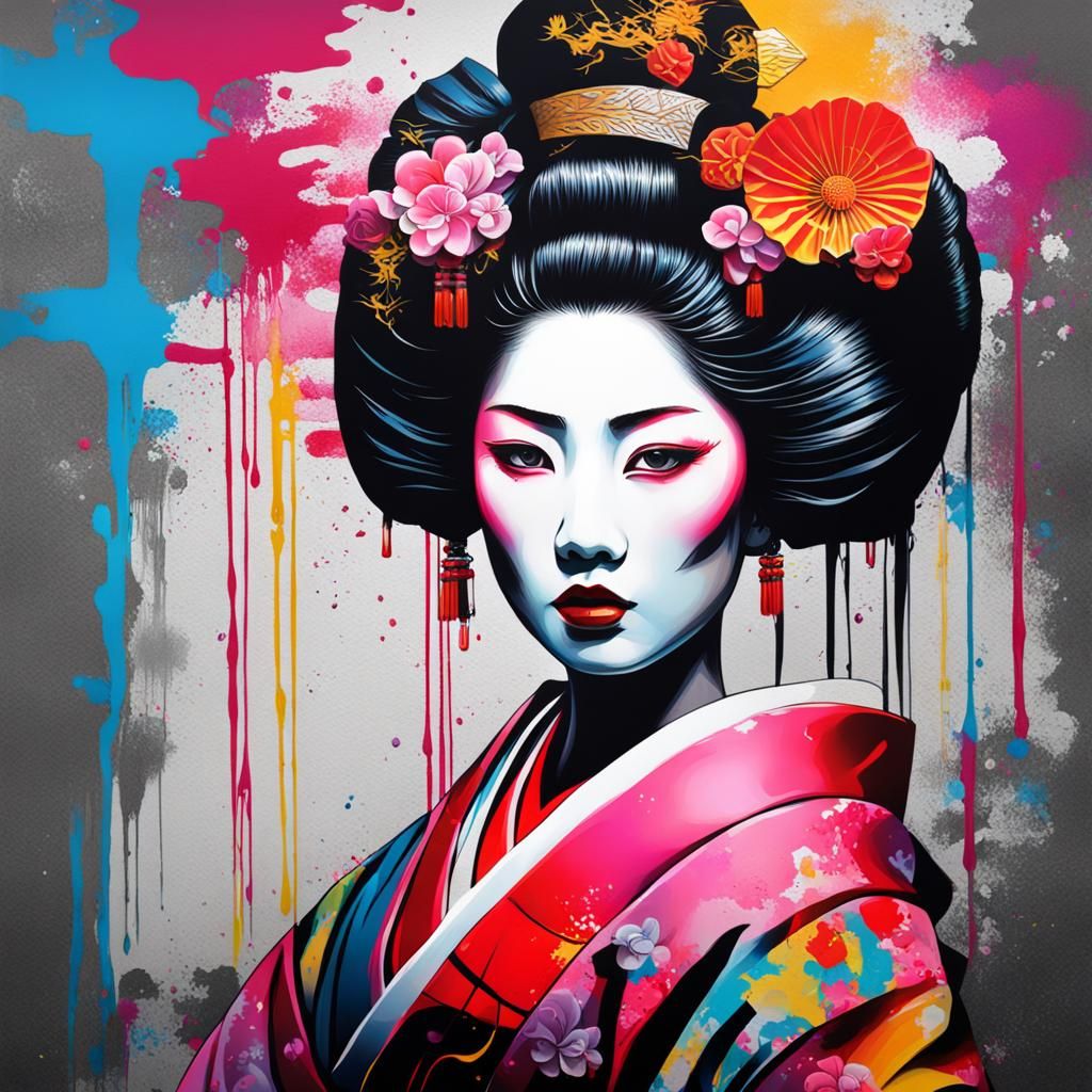 Colorful Geisha Graffiti Art in Street Style