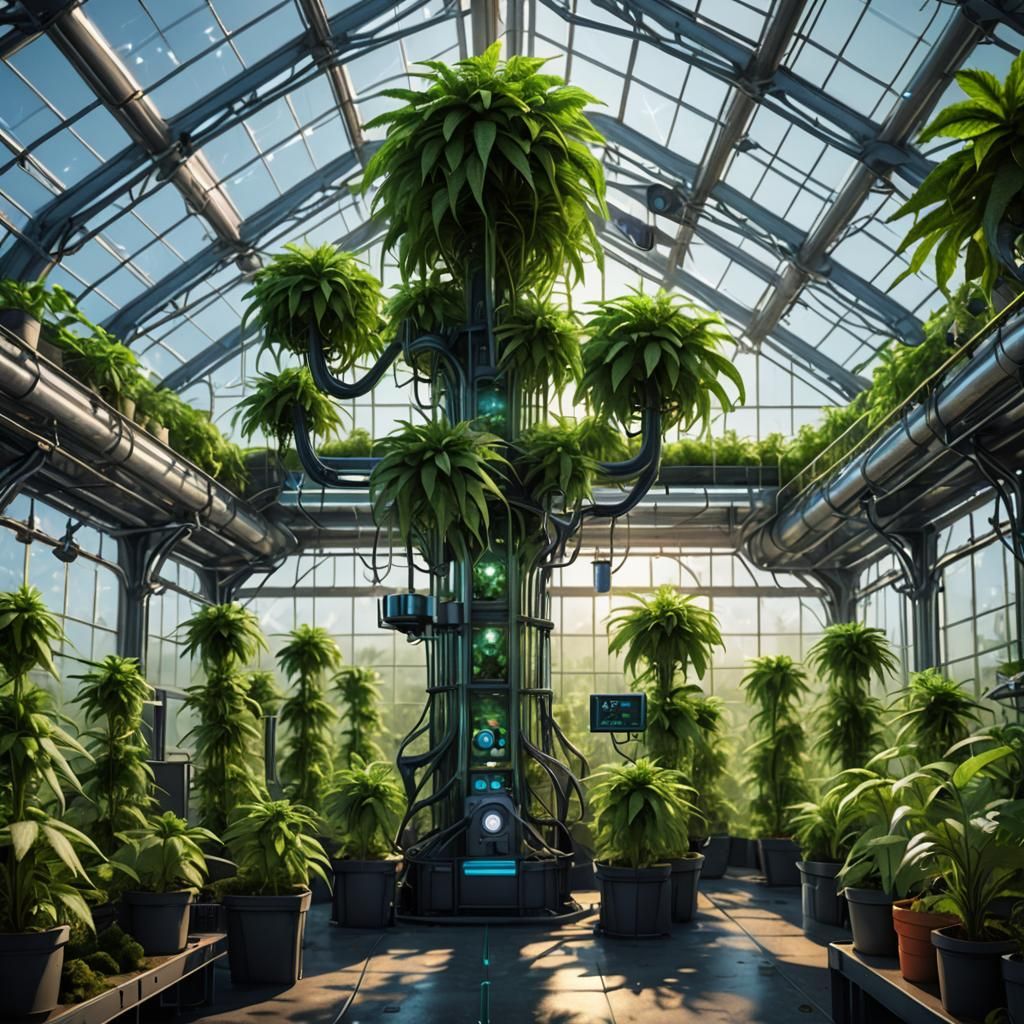 Biopunk Cannabis Farm in Futuristic Greenhouse