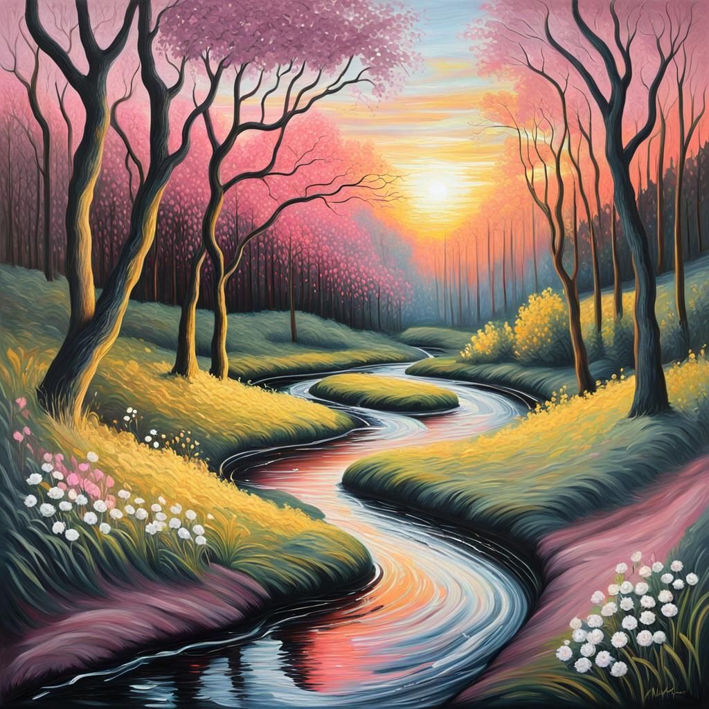 Forest Stream Sunset: Whimsical Post-Impressionist Oil Paint...
