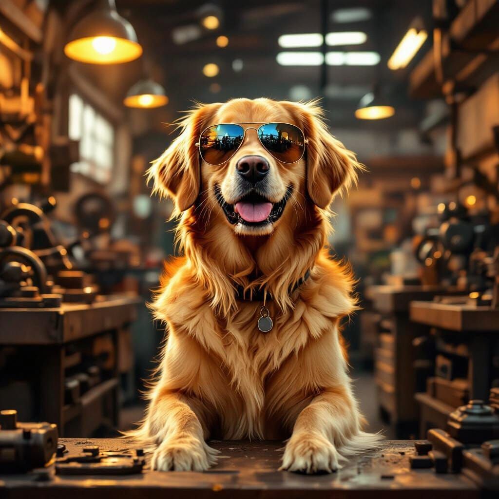 Golden Retriever with Sunglasses in a Machine Shop