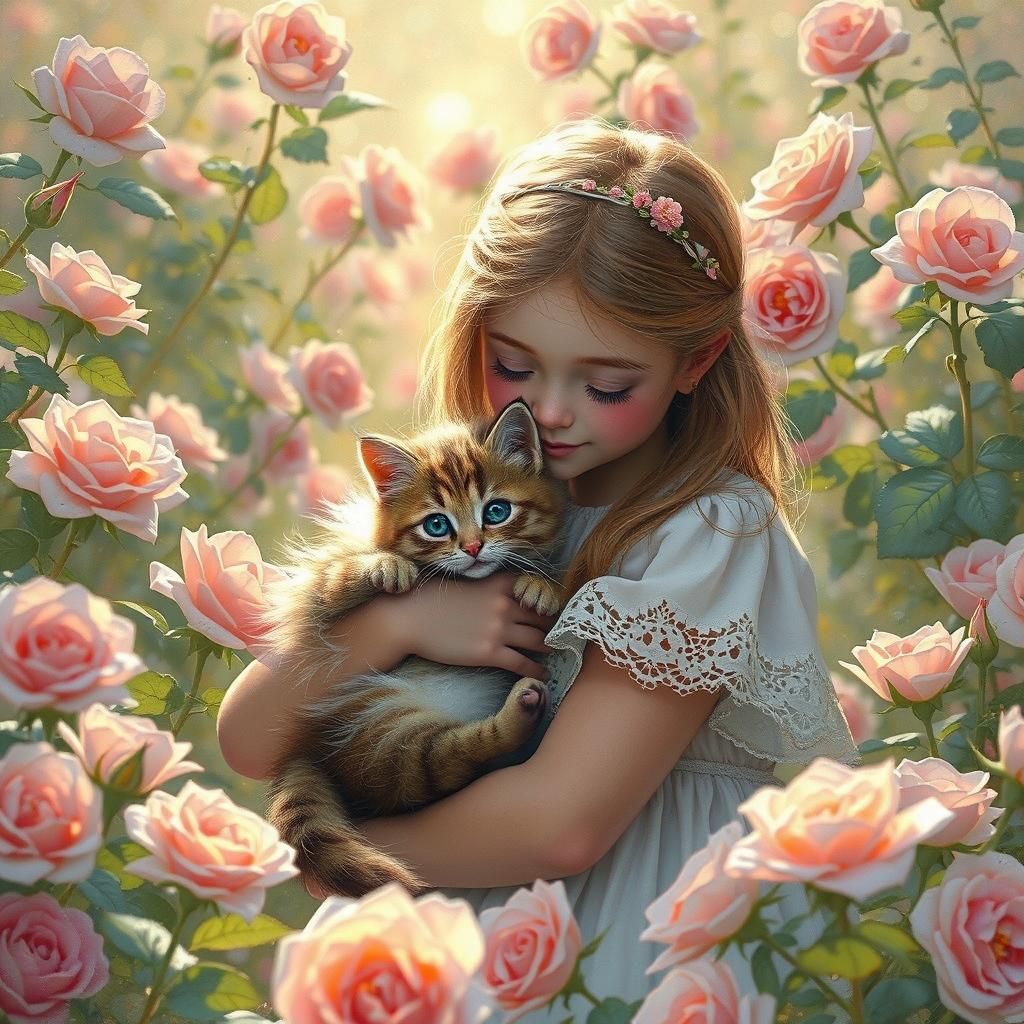 Girl with Kitten in Rose Garden, Vintage Style