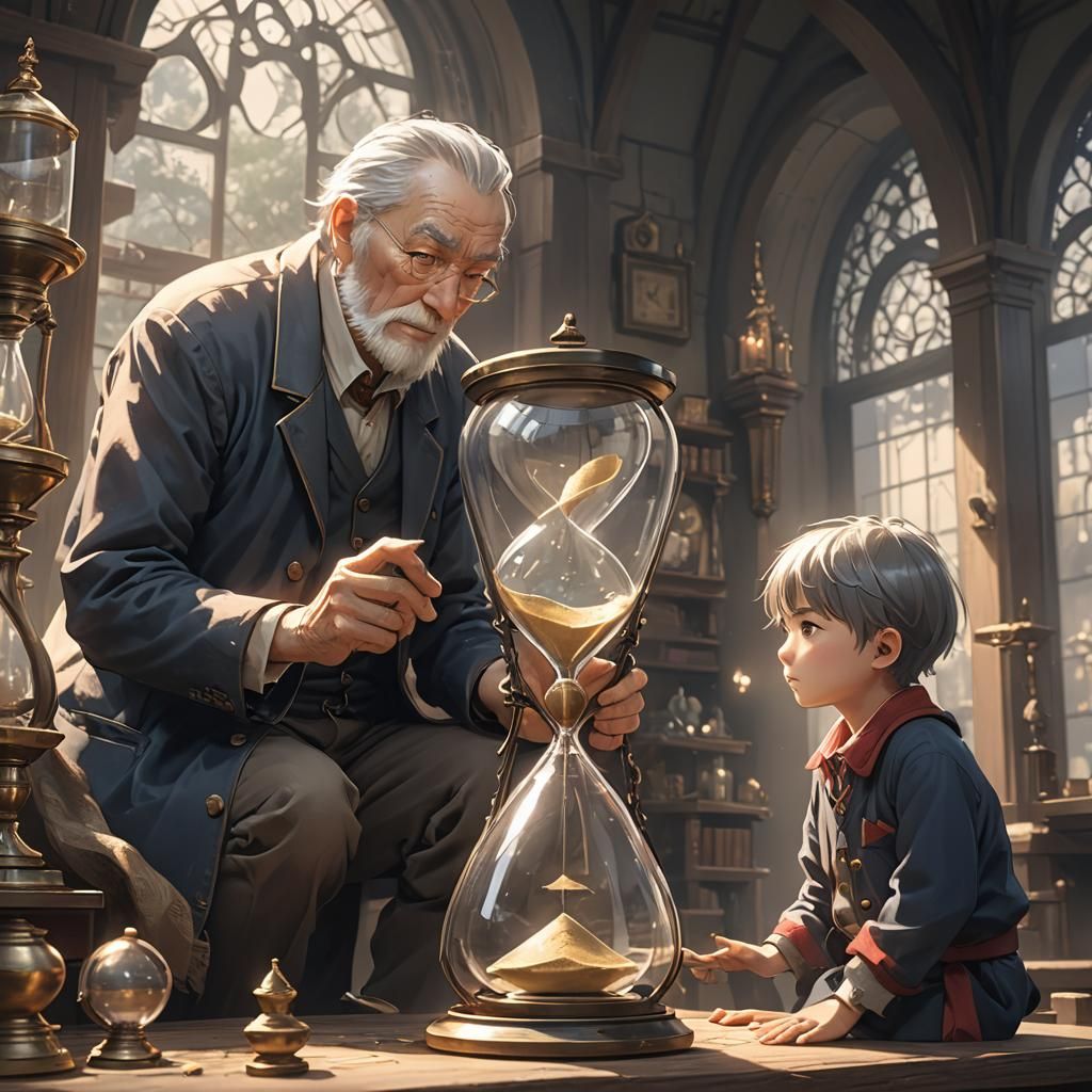 Child and Old Man Observe Hourglass in Anime Style