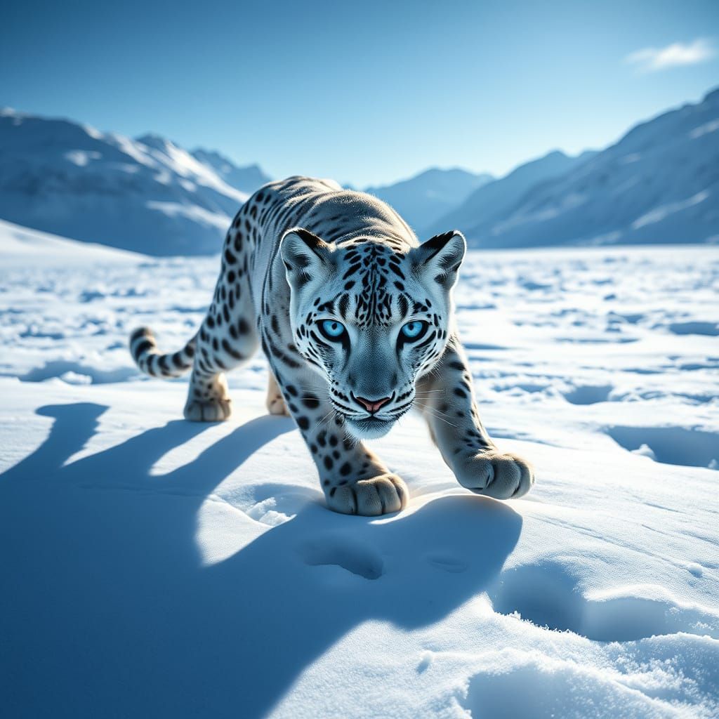 White Snow Leopard Hunts in Frozen Valley
