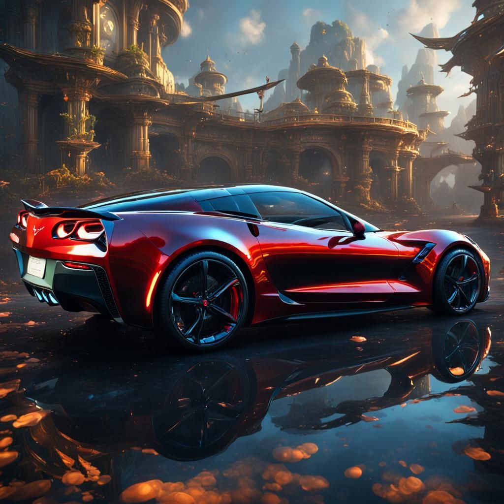 Glass Corvette: Detailed Matte Painting in Deep Color