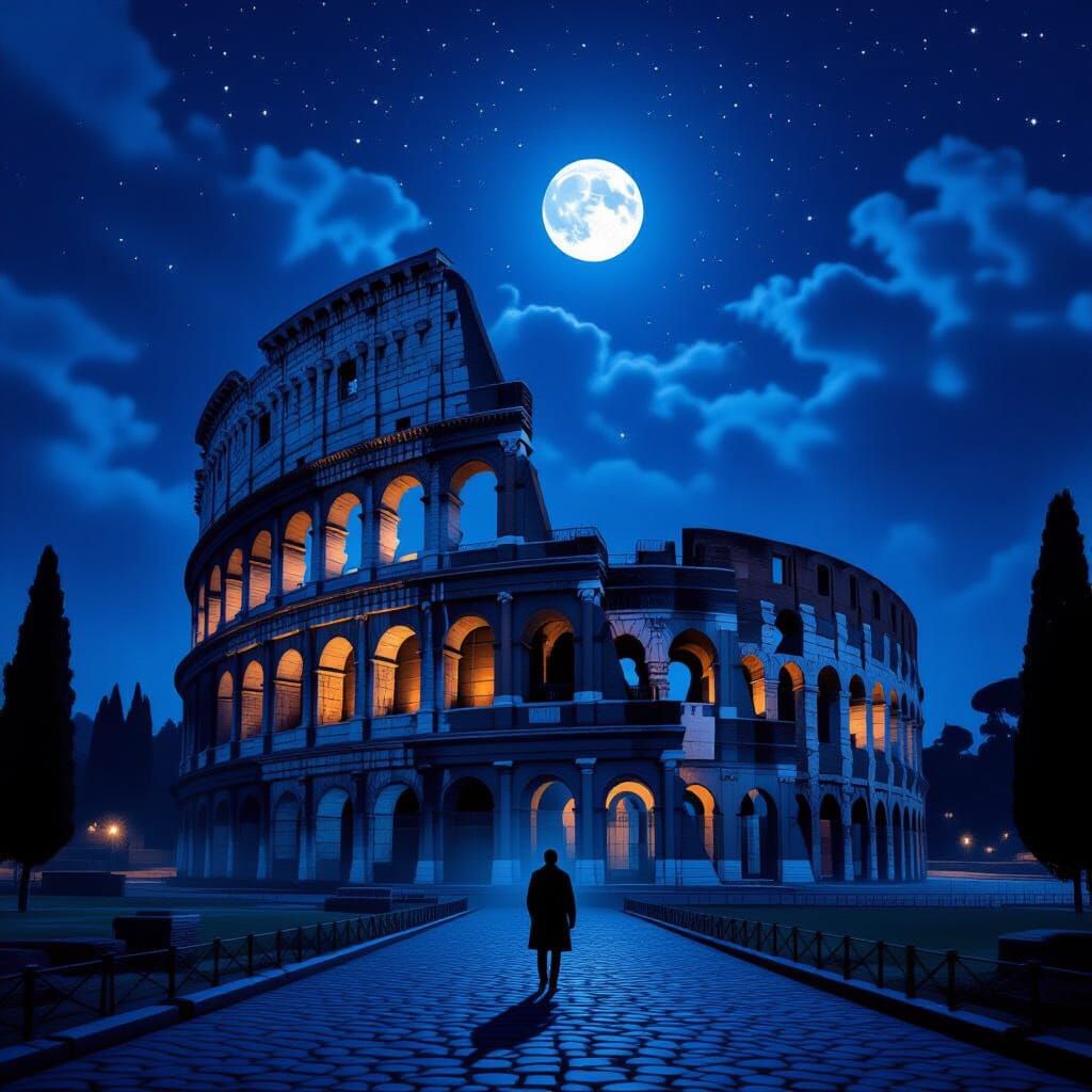 Ancient Roman Colosseum Under Moonlit Night Sky