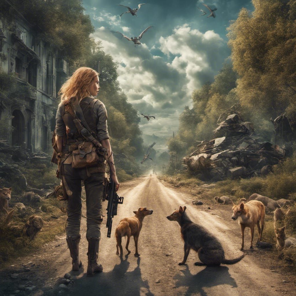 Post-War Scene: Woman with Rifle Amidst Nature