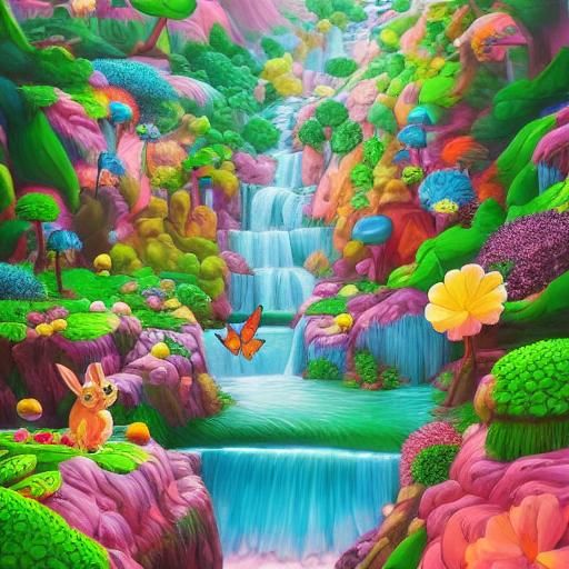 Candy Art Waterfall with Rabbits and Butterflies