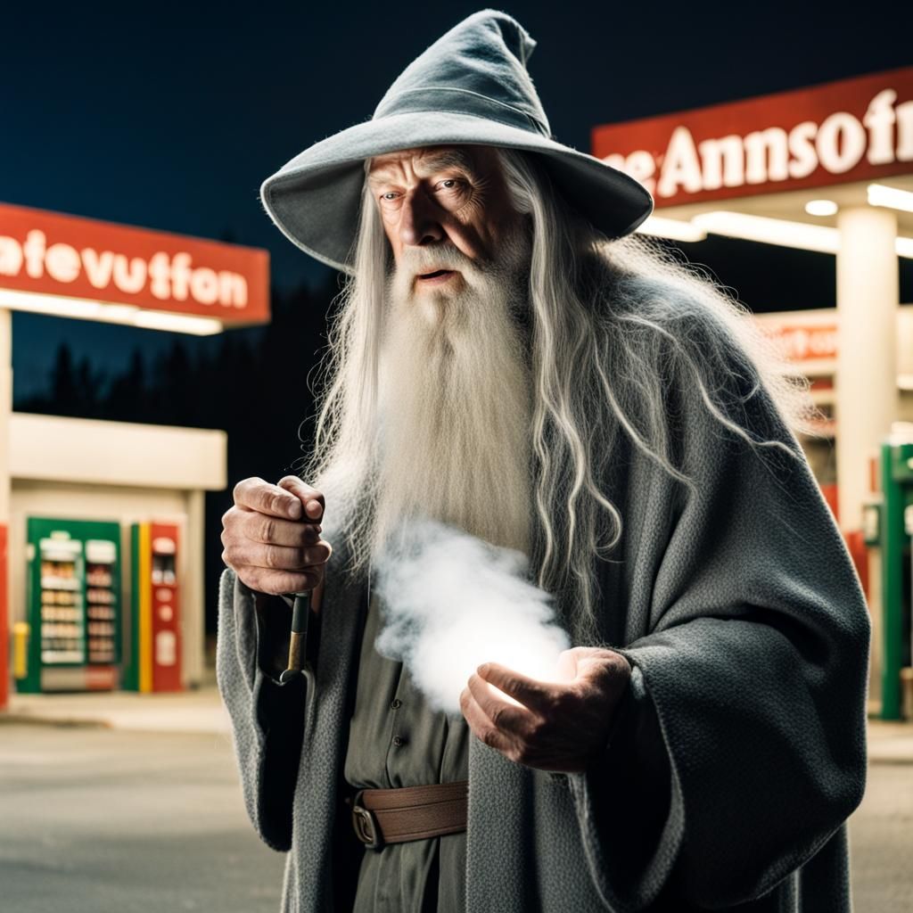 Gandalf at Gas Station Holding Suspicious Bag