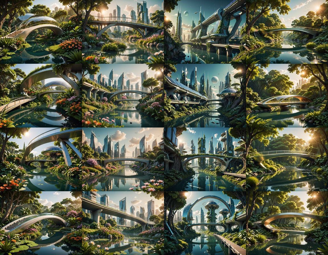 Surreal Solarpunk Bridge Connects Futuristic Riverbank