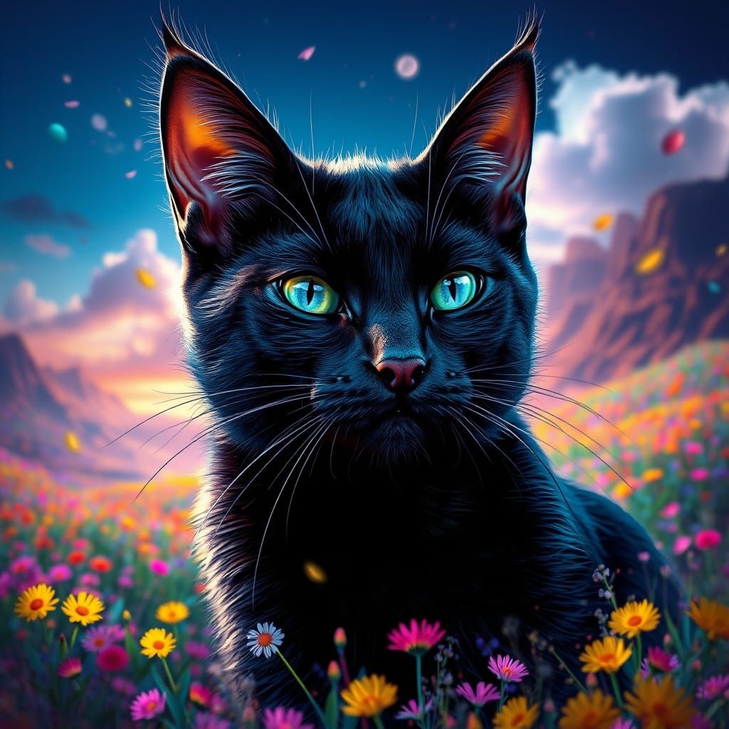 Surreal Black Cat Portrait in Hyperdetailed Digital Art