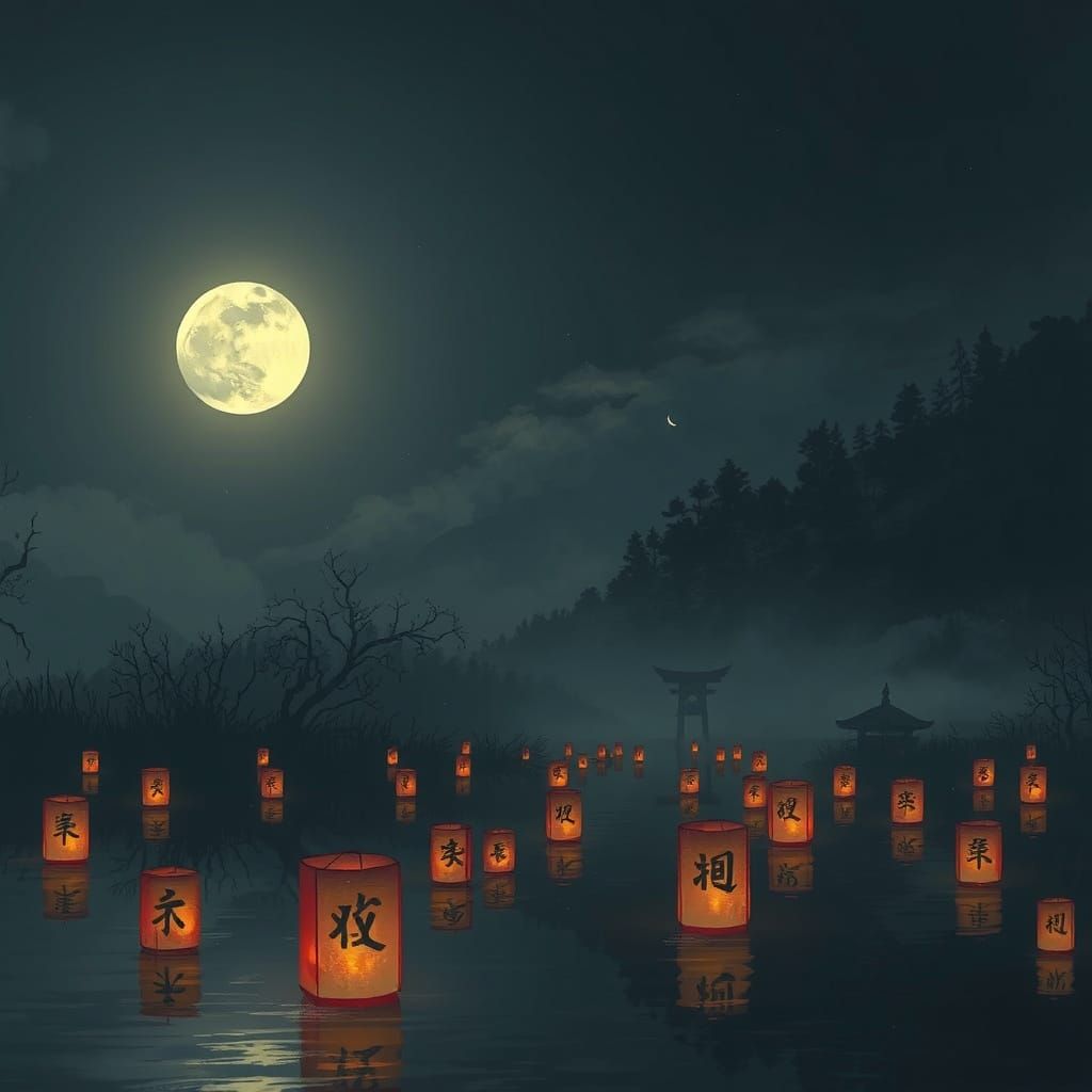 Sinister Lanterns on Moonlit Lake, Digital Painting