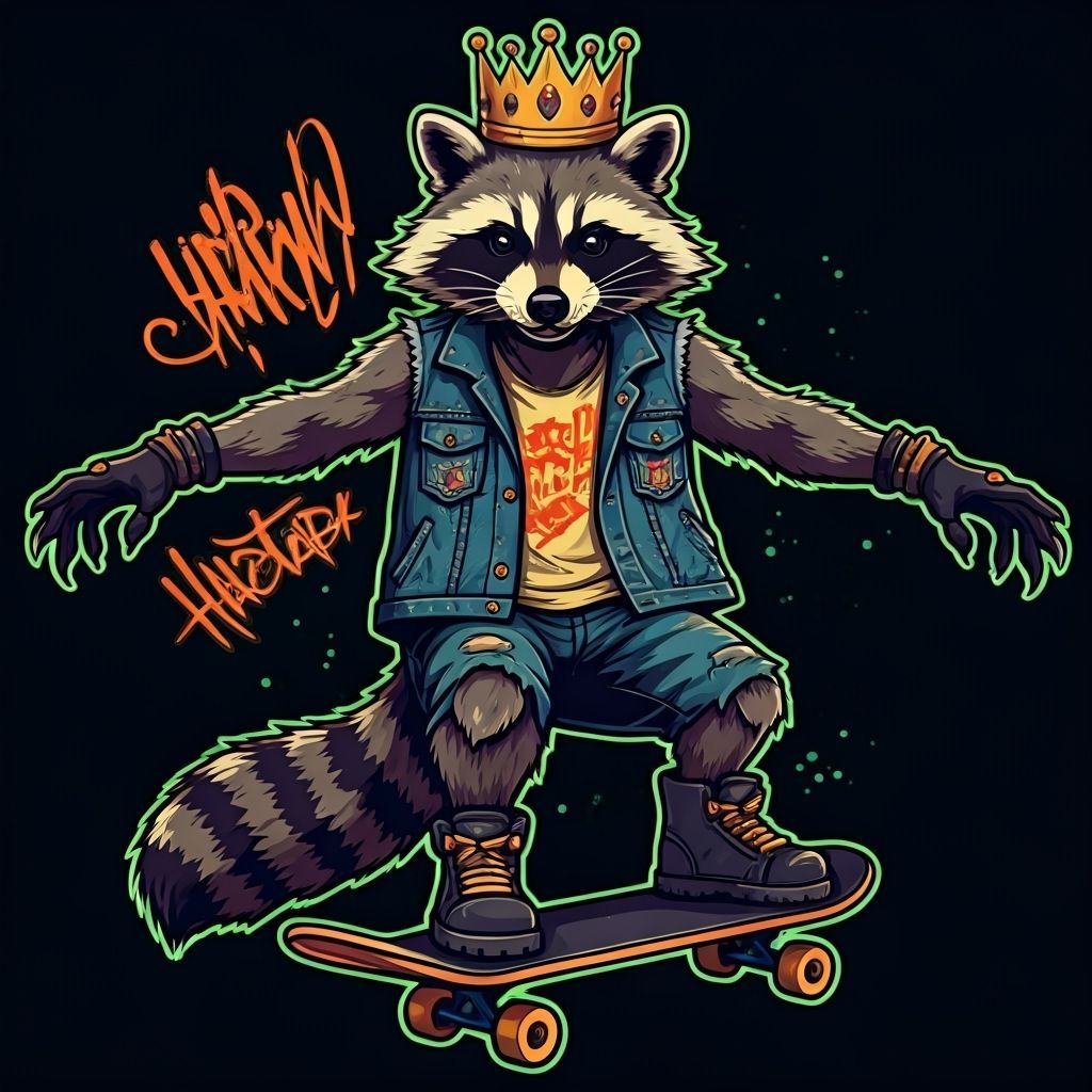 TrashKing Raccoon Skater in Graffiti Style