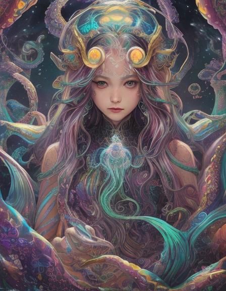 Iridescent Octopus Mermaid in Cosmic Fantasy