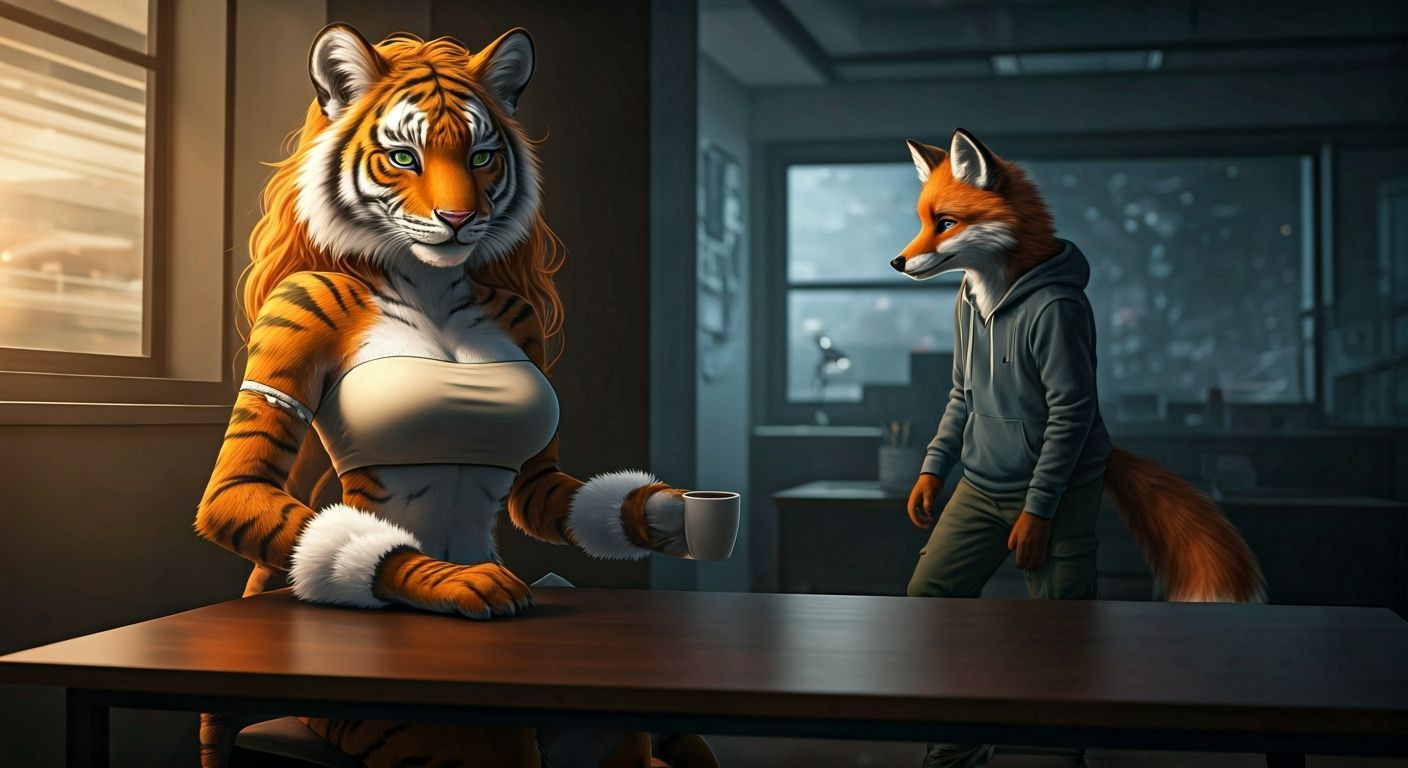 Anthropomorphic Tigress Chatting at Office, Film Still