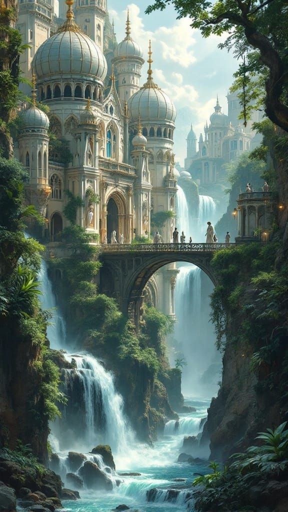 Majestic Solarpunk City Surrounded by Waterfalls and Lush Ve...
