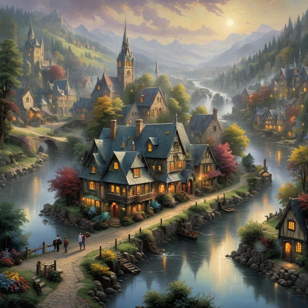 Ethereal Gothic Town River Scene in Luminist Style