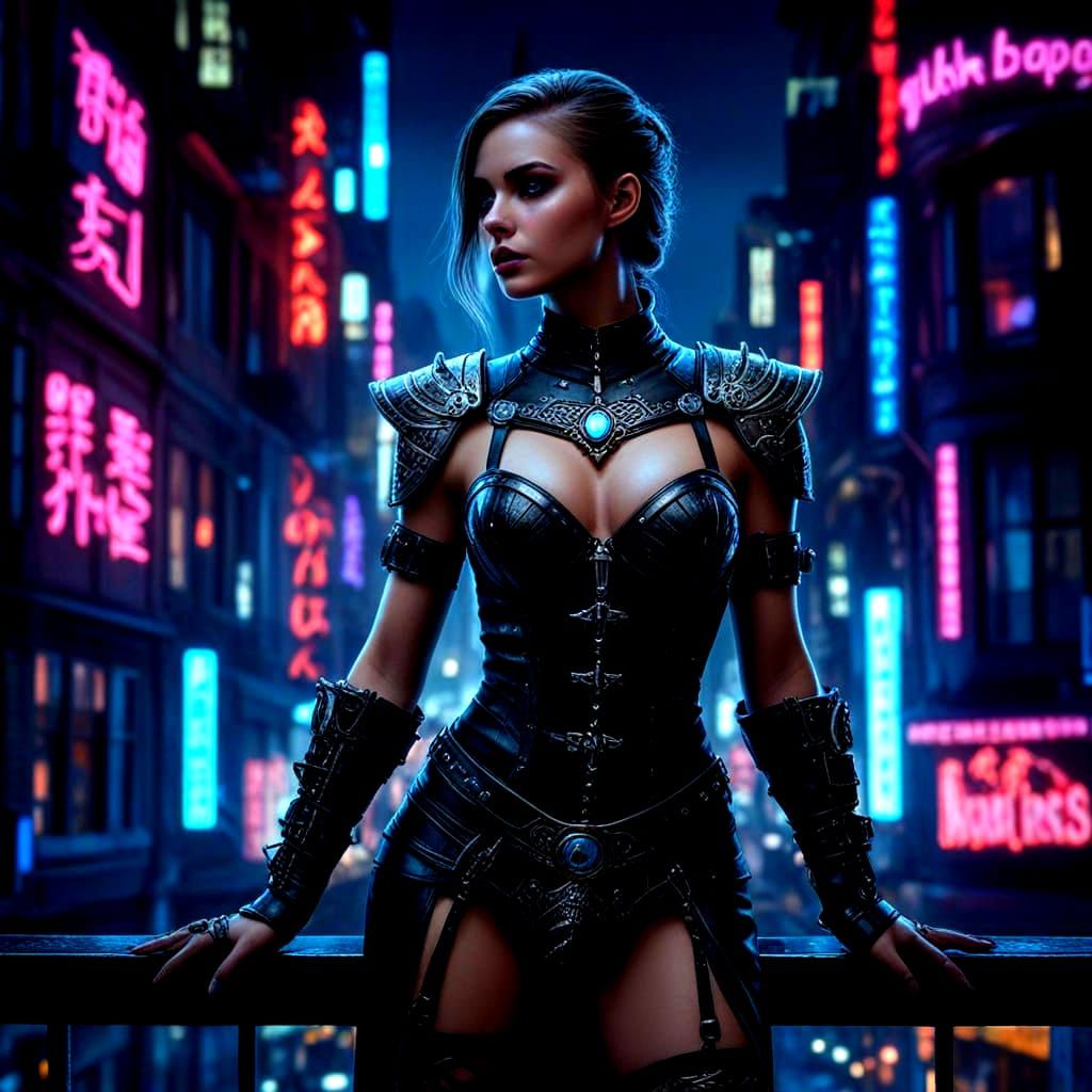 Gothic Steampunk Viking Warrior in Neon Metropolis