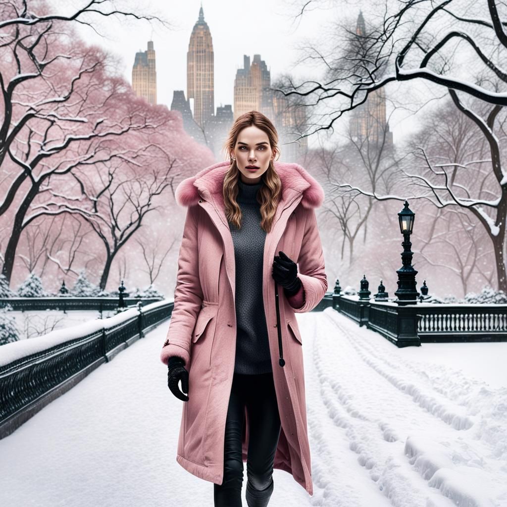 Woman Walks Alsatian in Snowy Central Park
