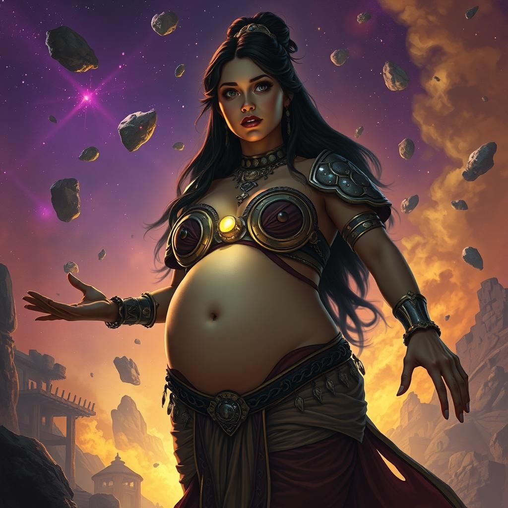 Celestial Woman in Dark Fantasy Cosmic Scene