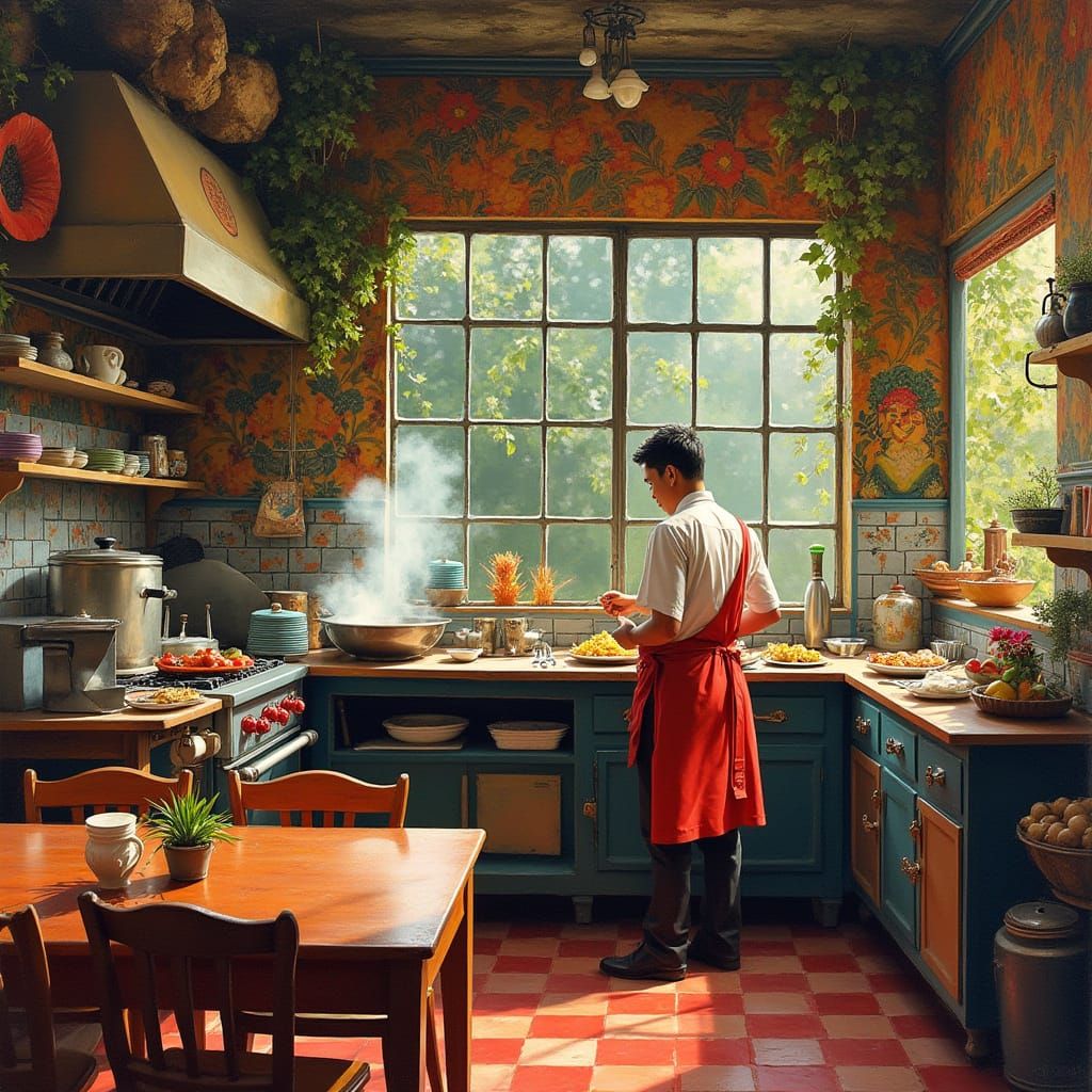 Philippine Restaurant Kitchen Scene in Impressionistic Folk ...