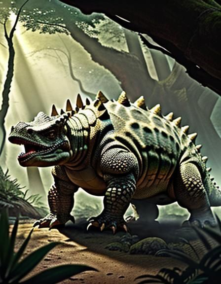 Ancient Ankylosaurus Roams Primordial Landscape in Vast, Vib...