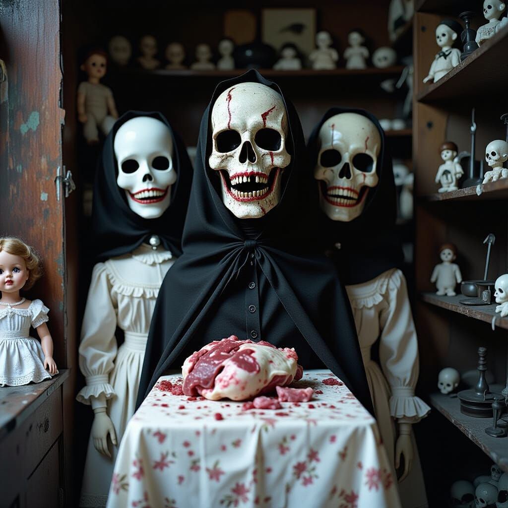 Surreal Multi-Headed Mannequin in Abandoned Antique Shop