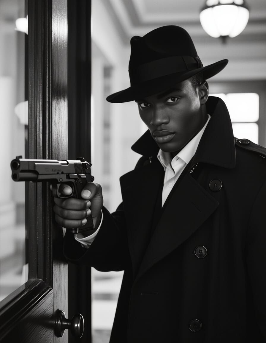 African-American Model in Noir Style Sneaking into Lobby