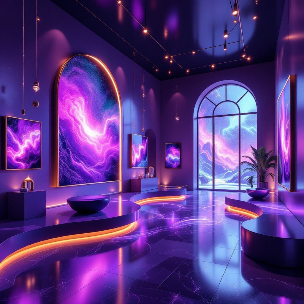 Elegant Art Gallery with Cosmic Purple and Gold Aesthetic