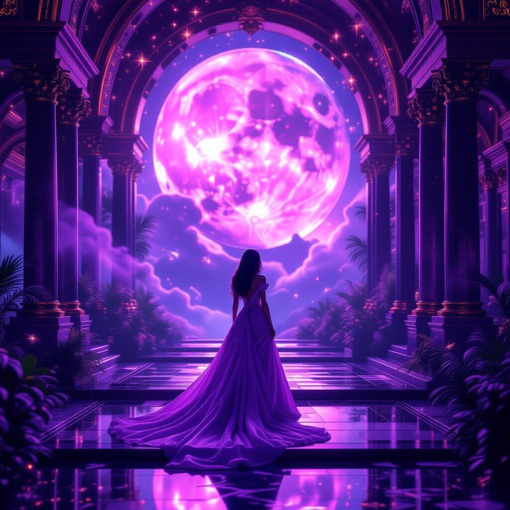 Ethereal Gallery with Cosmic Purple and Gold Aesthetics