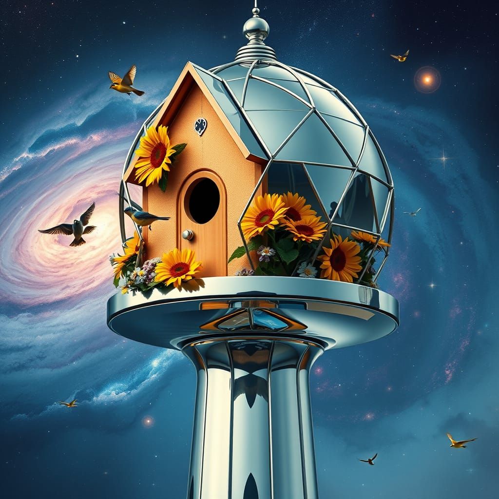 Chrome Geodesic Birdhouse with Sunflowers, Cosmic Surrealism