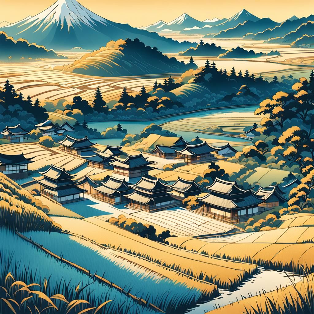 Japanese Village in Ukiyo-e Style: Rice Paddies Under Blue S...