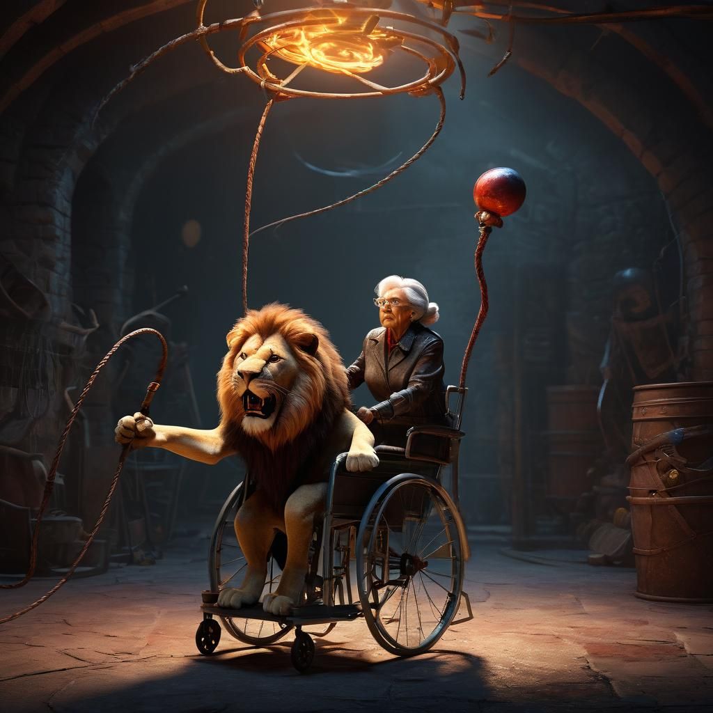Lion-Taming Grandma in Basement: Pixar-Style 3D Art