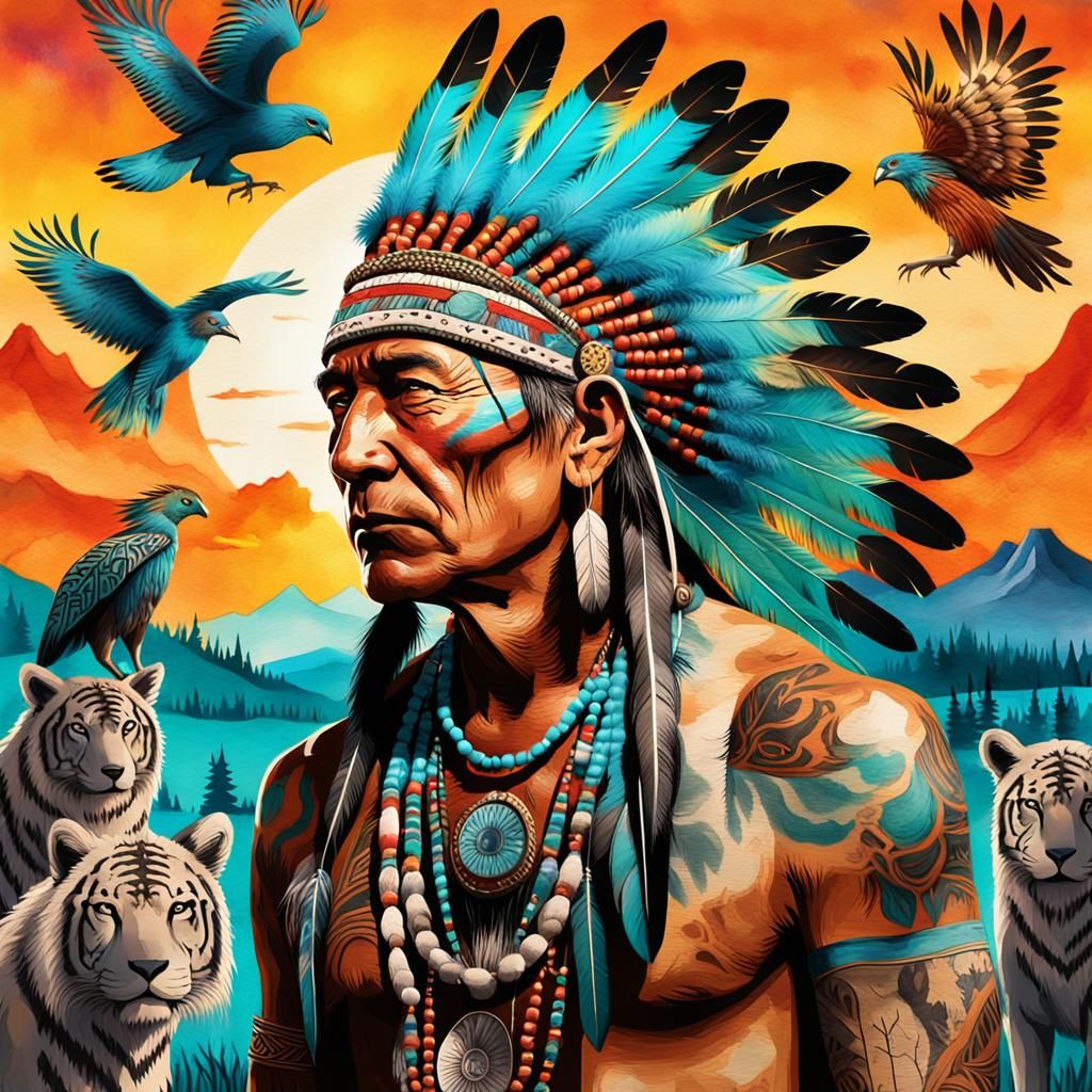 Native American Medicine Man in Watercolor Graffiti Style