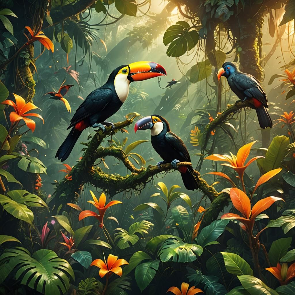 Colorful Toucan Fish Bear in Jungle Concept Art